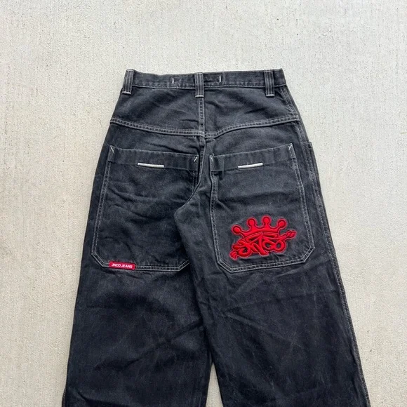 JNCO Black Pants with Red Crown Embroidery